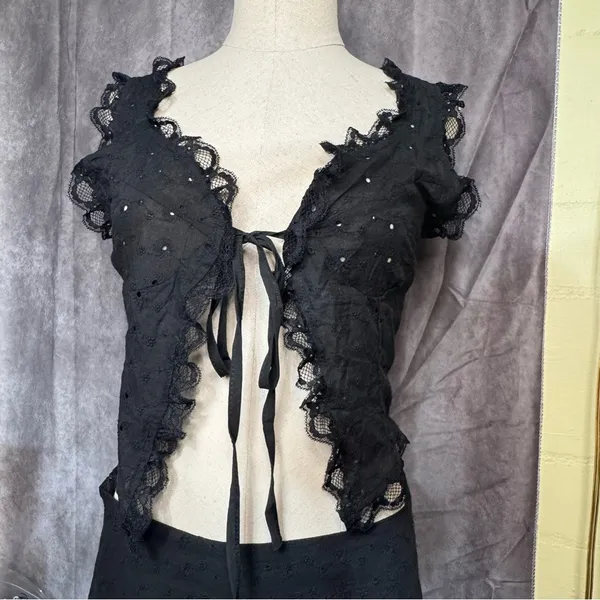 2 Pc Set Eyelet Embroidery Lace Tie Front Crop Top and Mini Skirt Set Summer - Image 2