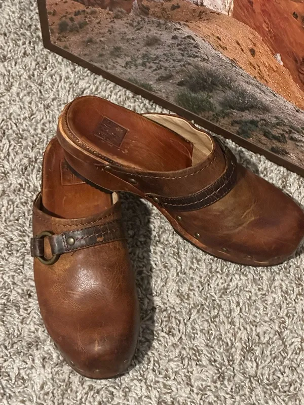 Frye Brown Distressed Leather Studded Clogs with Ring Strap - Image 3