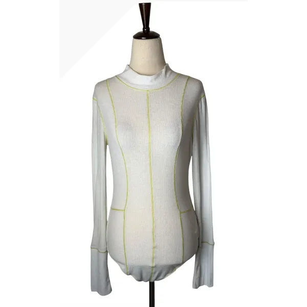 Free People Out of This World Bodysuit Women Small Ivory Yellow Ribbed Knit Boho - Image 2