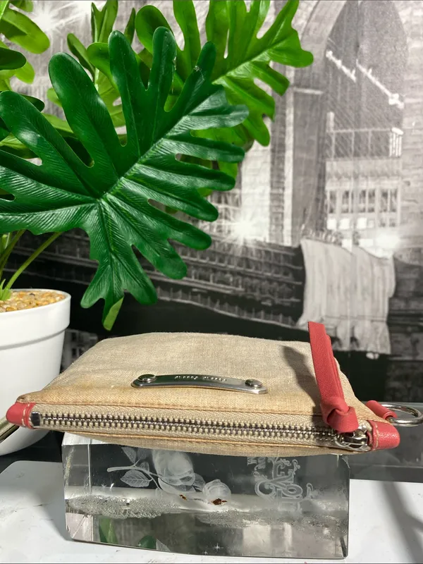 Authentic Miu Miu Beige Linen Pouch with Coral Trim - Image 8