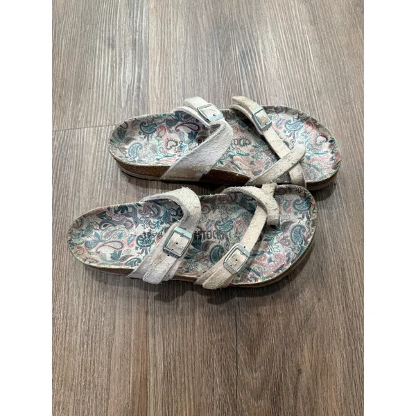 Birkenstock Salina Suede Sandals Cream Paisley Print Footbed Womens 39 L8 M6 - Image 2
