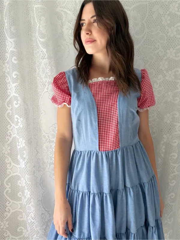 Vintage Handmade Blue Red Gingham Prairie Dress Cottagecore Puff Sleeve - Image 9