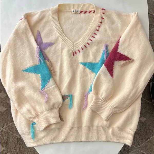 POL Patchwork Star Sweater - Beige V Neck Thick Knit Size Medium - Image 3