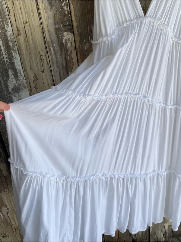 Raviya white deep V tiered maxi dress swim cover up beachwear vacation M - Image 3