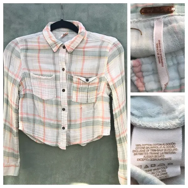 Free People Plaid Cotton Crop Shirt‎ - Image 2