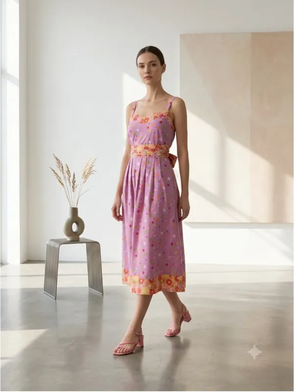 Vintage 2000s Y2K Pink Polka Dot Floral Sundress Midi Cottagecore Mod Retro M - Image 2