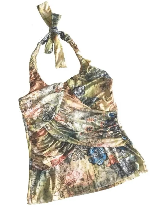 new Boho Chic ❤︎ Floral Watercolor Print Draped Halter Top ❤︎ Pin Up ❤︎ Large - Image 6