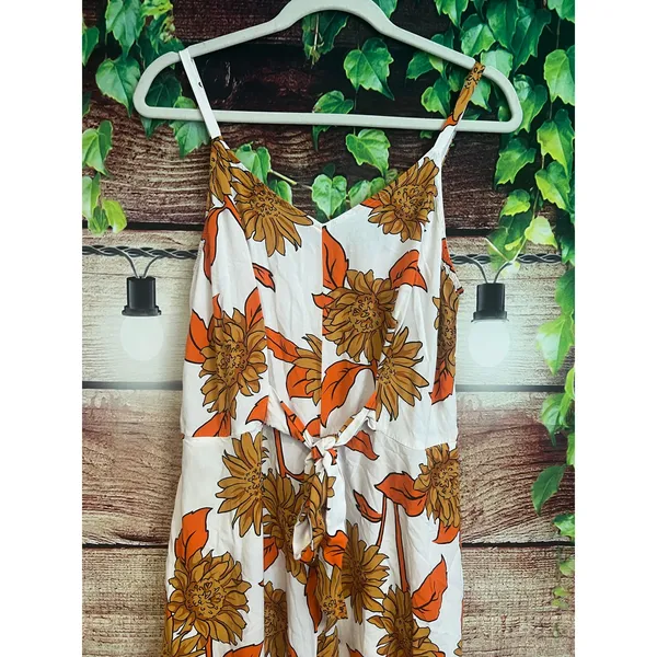 Free People Ivy Street Wide Leg Sunflower Jumpsuit Large Fall Leaves Boho Flowy Orange Crop - Image 3