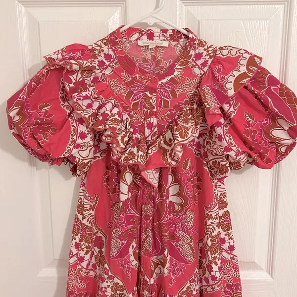Love The Label Tatiana Floral Mini Ruffle Dress Clementine Pink Print Size Small - Image 5