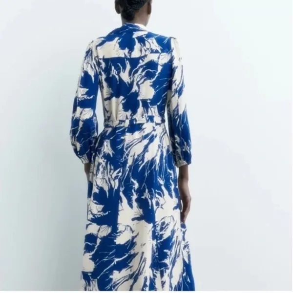 Zara Blue and White Patterned Long Sleeve Dress - Image 2