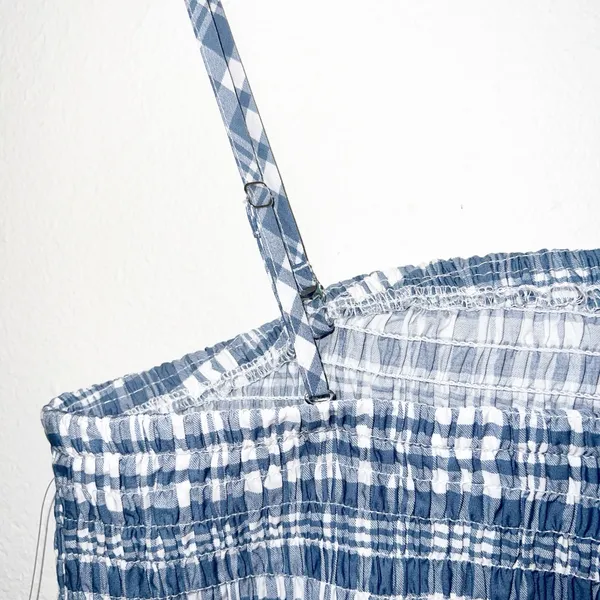 Wild Fable gingham smocked slate blue white mini summer dress w/ ruffle details - Image 10