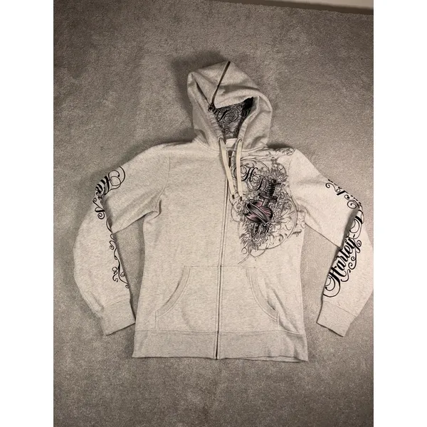 harley davidson zip up hoodie womens heart daggar L Script Split Zip Hood - Image 2