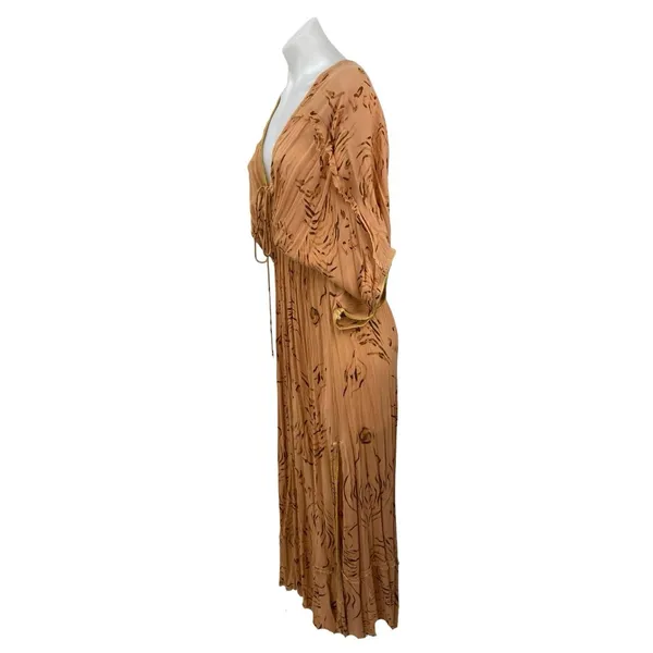 Z&L Tan Long Dolman Sleeve V Neck Pleated Open Back Blouson Maxi Dress Size S - Image 2