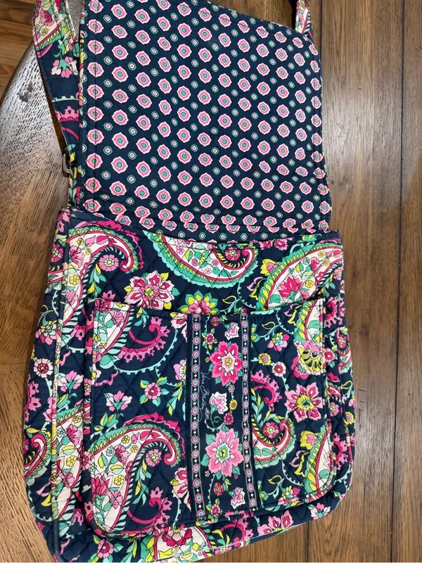 Vera Bradley Navy Quilted Paisley Shoulder Bag with Pink & Green Accents​ - Image 6
