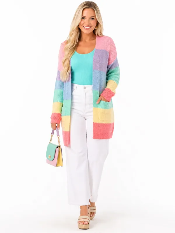 ZESICA XL Pastel Rainbow Colorblock Long Open Front Knit Cardigan Pockets - Image 3