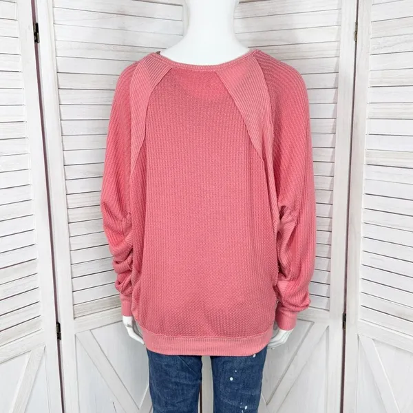 Free People Santa Clara Thermal‎ Oversized Shirt Coral Pink Orange Medium - Image 5