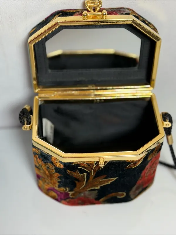 Floral Velvet Hard Case Box Purse Crossbody Evening Bag Gold Frame Mirror - Image 9