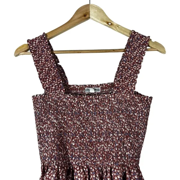 Pleione Smocked Ditsy Floral Peplum Tank Top Burgundy Boho Ruffle Strap Size M - Image 3