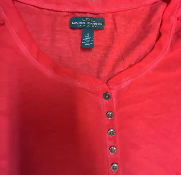 Lauren Jeans Co. Ralph Lauren Women's Red Henley Shirt with Crochet Shoulder Det - Image 4