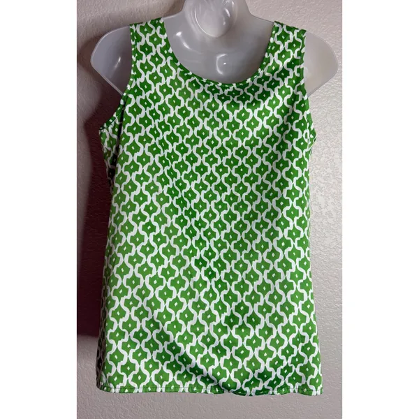 Banana Republic Women XS Tank Top Green White Geometric Lattice Cutout Neck‎ - Image 2