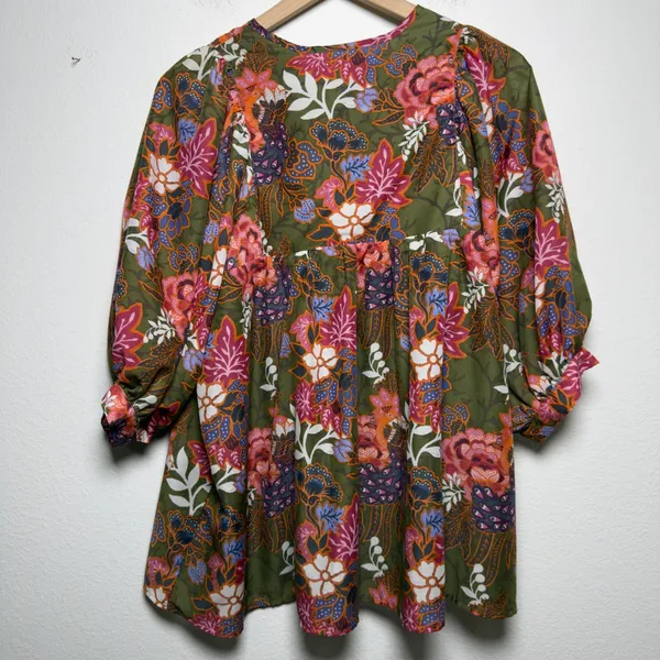 J. Marie Women Cotton Top Small Green Floral Peacock Babydoll Tassel Preppy Boho - Image 5