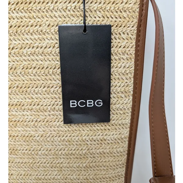 BCBG Straw Woven Tote Bag Natural Cognac Crossbody NWT - Image 4