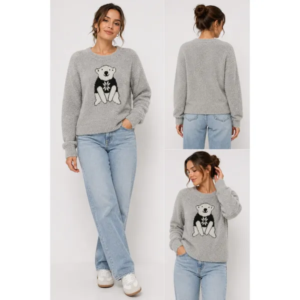 French Laundry Gray & Black Fuzzy Sweater with Polar Bear Design, Size L‎ - Image 2