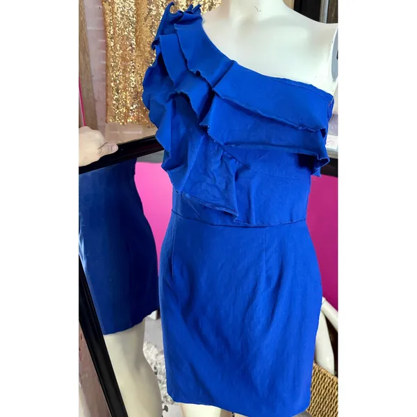 Ruby Rox Royal Blue One‎ Shoulder Ruffle Mini Cocktail Dress Size 9 - Image 3