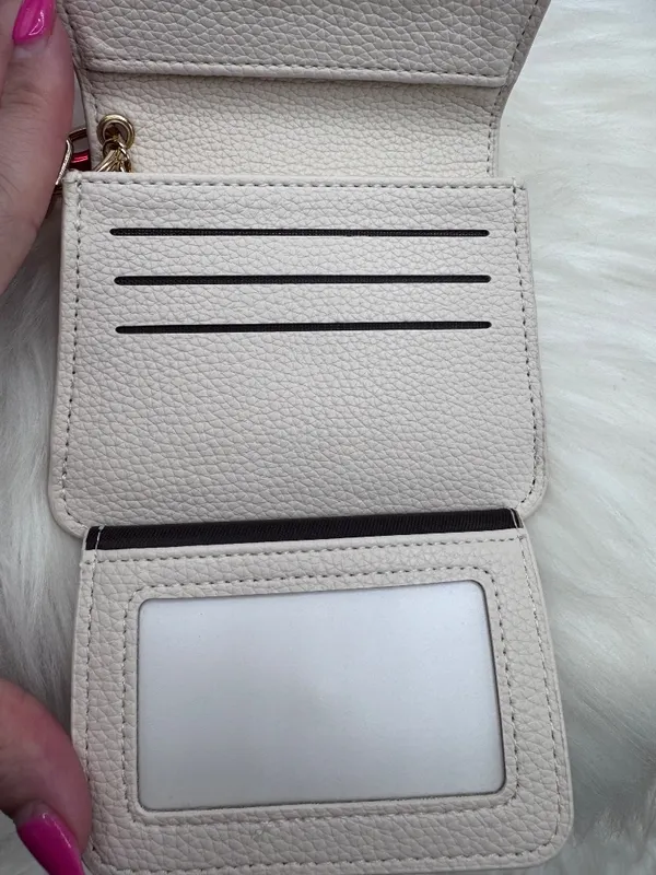 Beige Faux Leather Card Holder Wallet w/ Wristlet Strap & Charm Keychain - Image 4