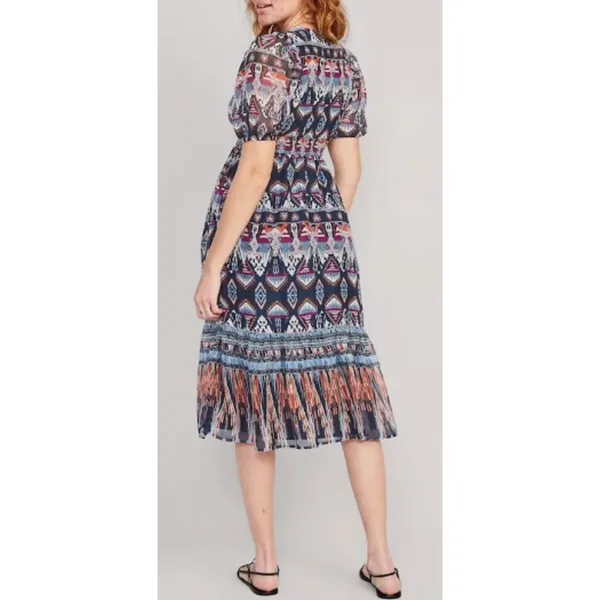 Old Navy A-Line Southwestern Midi Dress Tiered Womens Sz L Bubble Sleeve Smocked - Image 2