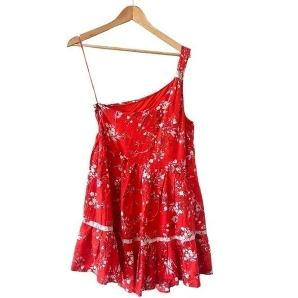 FREE PEOPLE All Mine Red Floral One Shoulder Ruffle Hem Mini Dress Size XS - Image 10