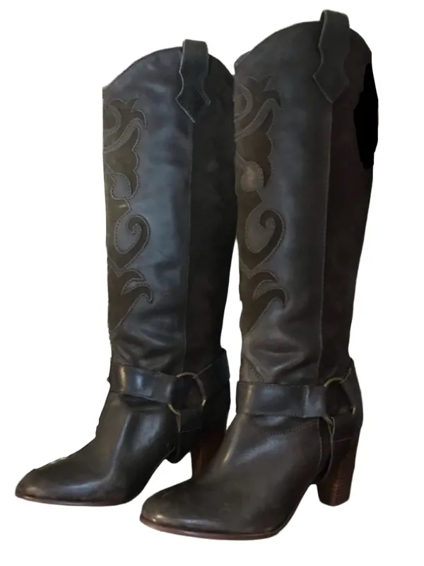 L.L. Bean Dark Brown Suede & Leather Western Style Heeled Calf High Boots (6.5) - Image 2