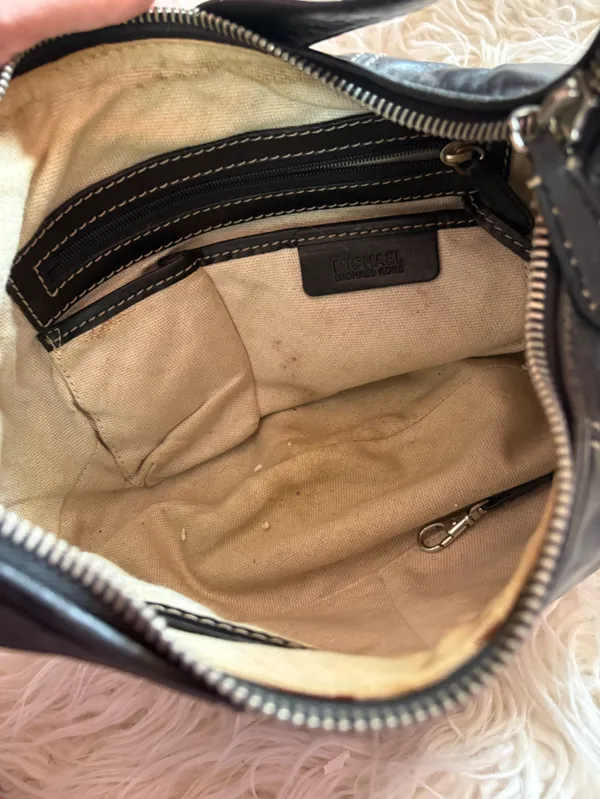 Michael Kors Black Leather Hobo Shoulder Bag White Contrast Stitch Y2K - Image 6