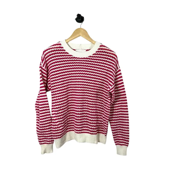 Spiritual Gangster Women’s Chunky Knit Striped Crewneck Sweater Pink/White XS - Image 2