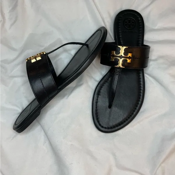 Tory Burch‎ Black Leather Miller Sandals Gold Logo Women’s Size 6.5 - Image 3