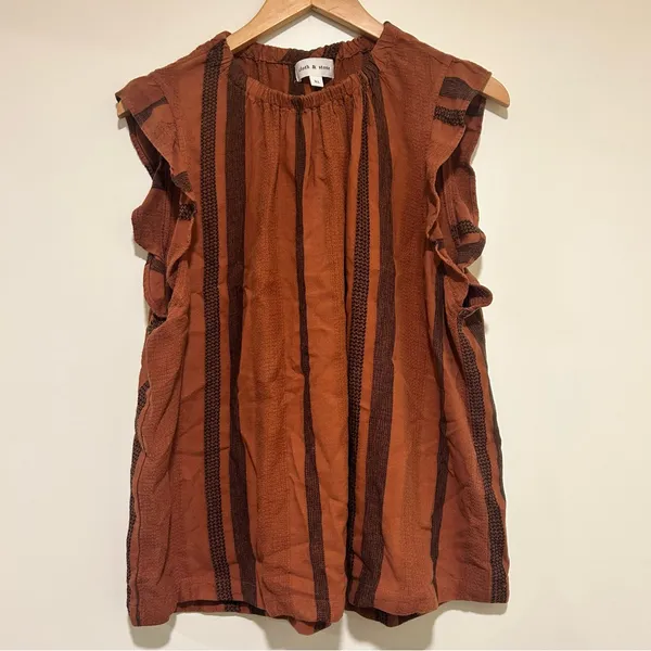 Cloth & Stone Flutter Sleeve Rust Brown & Black Striped Blouse Size XL - Image 2