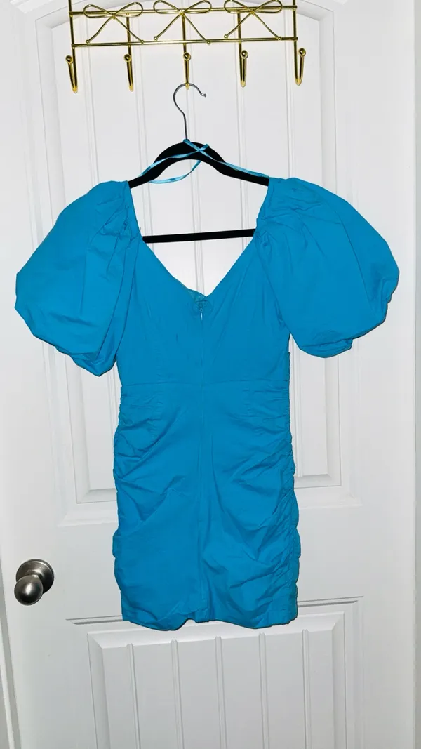 Blue Ruched Puff Sleeve Dress - Image 5