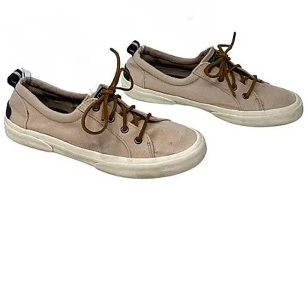 SPERRY Crest Vibe Oat Beige Linen Sneaker Cowhide Leather Laces ~ Women's Size 8 - Image 7