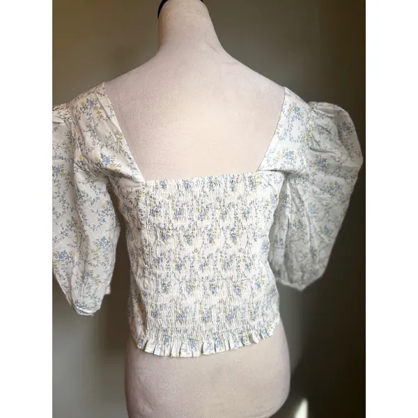 VICI Floral Puff Sleeve Smocked boho cottage core Y2K blue green Crop Top Large - Image 2