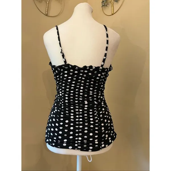 Venus Black White Polka Dot Ruched Sweetheart Ruffle Neckline Cami Tank Small - Image 2