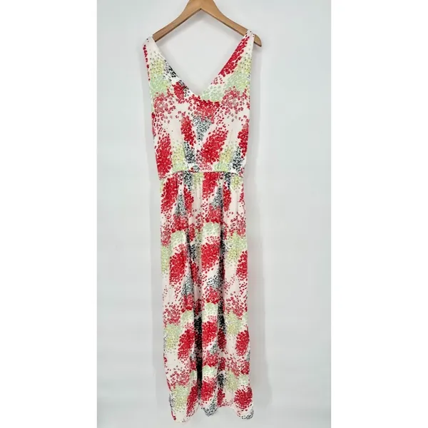 Lucky Brand M Watercolor Floral Maxi Tank Dress Multicolor Waist Tie Pocket Boho - Image 4
