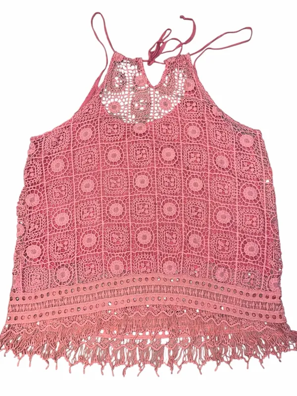 Rue 21 Pink Crochet Fringe Tank Top Boho Festival Beach Cami Lined L - Image 6