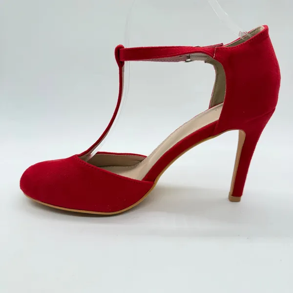 Red Faux Suede T-Strap Pumps Womens Size 9 Round Toe Stiletto Heels Ankle Strap - Image 2