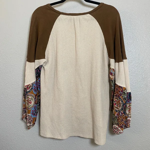 Umgee Patchwork Balloon Sleeve Top Small Waffle Knit Autumn Fall Bohemian Boho - Image 2
