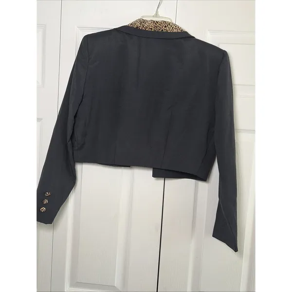 Leslie Lucks Vintage Cropped Blazer Womens 10 Black Leopard Print Cotton Y2K 90s - Image 6