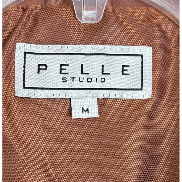 Y2K Vintage Leather Moto Jacket Cognac Brown Pelle Studio Funnel Neck M - Image 4