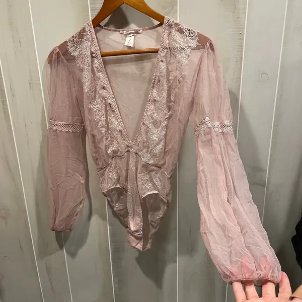 Cute sexy pink blush lace mesh bodysuit deep v-neck Victoria’s Secret festival - Image 7