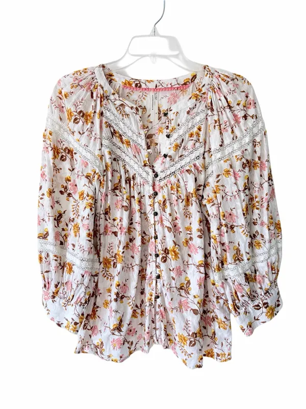 Anthropologie Harmony Lace Floral White Peasant Boho Blouse Top size medium - Image 4