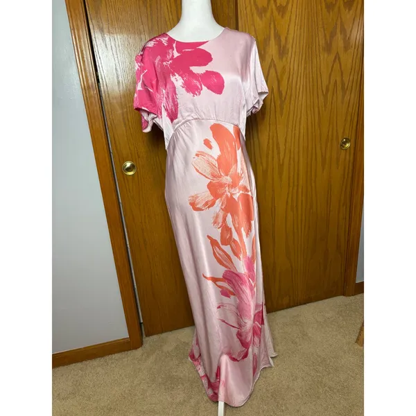 Anthropologie Pink Floral Short Sleeve Maxi Slip Dress Side Slit Tropical - Image 2