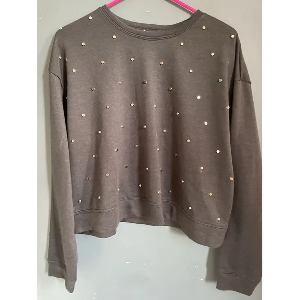 Intru Women's‎ Gray Crew Neck Long Sleeve Rhinestoned Cropped Sweatshirt Size M - Image 2